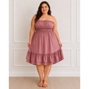 Grace Karin Pink Smocked Off Shoulder Ruffle Midi Dress 2XL Boho Cottagecore